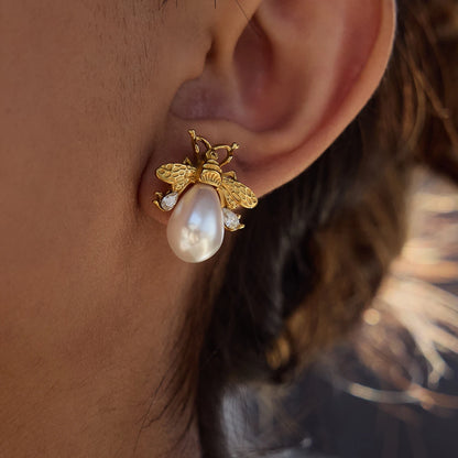 Bee-shaped Pearl & Gemstone Stud Earrings