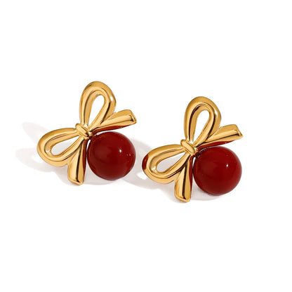 Red Glass Stone Bow Earrings