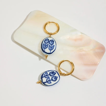 Oval-shapped Rose Ceramic Drop Earrings