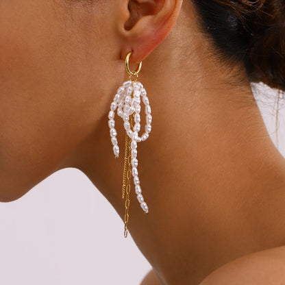Pearl Bow Tassel Earrings