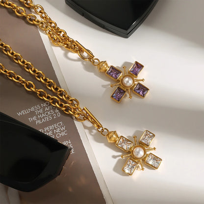 Rhinestone Pearl Cross Necklace Bundle