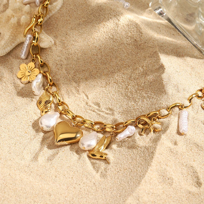Shells, Pearls & Golden Heart Charm Pendant