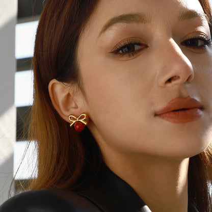 Red Glass Stone Bow Earrings
