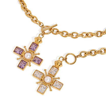 Rhinestone Pearl Cross Pendant Necklace
