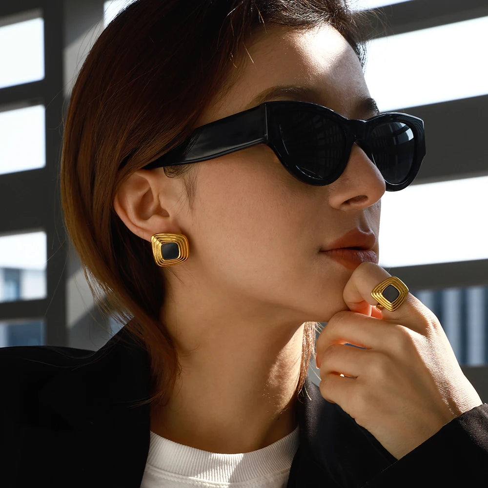 Square Black Oynx Irregular Earrings & Ring Jewelry Set
