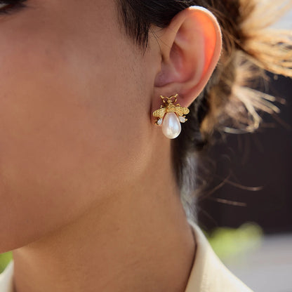 Bee-shaped Pearl & Gemstone Stud Earrings