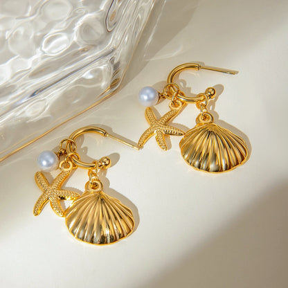 Pearls Starfish Shell Hoop Earrings