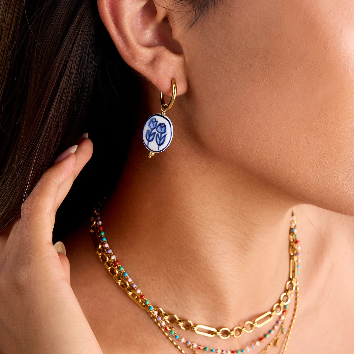 Oval-shapped Rose Ceramic Drop Earrings