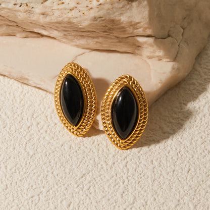 Black Onyx Horse Eye Stud Earrings