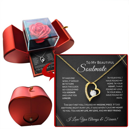 Soulmate - Eternal Rose Heart-Shaped Gift Box with Personal Card & Necklace