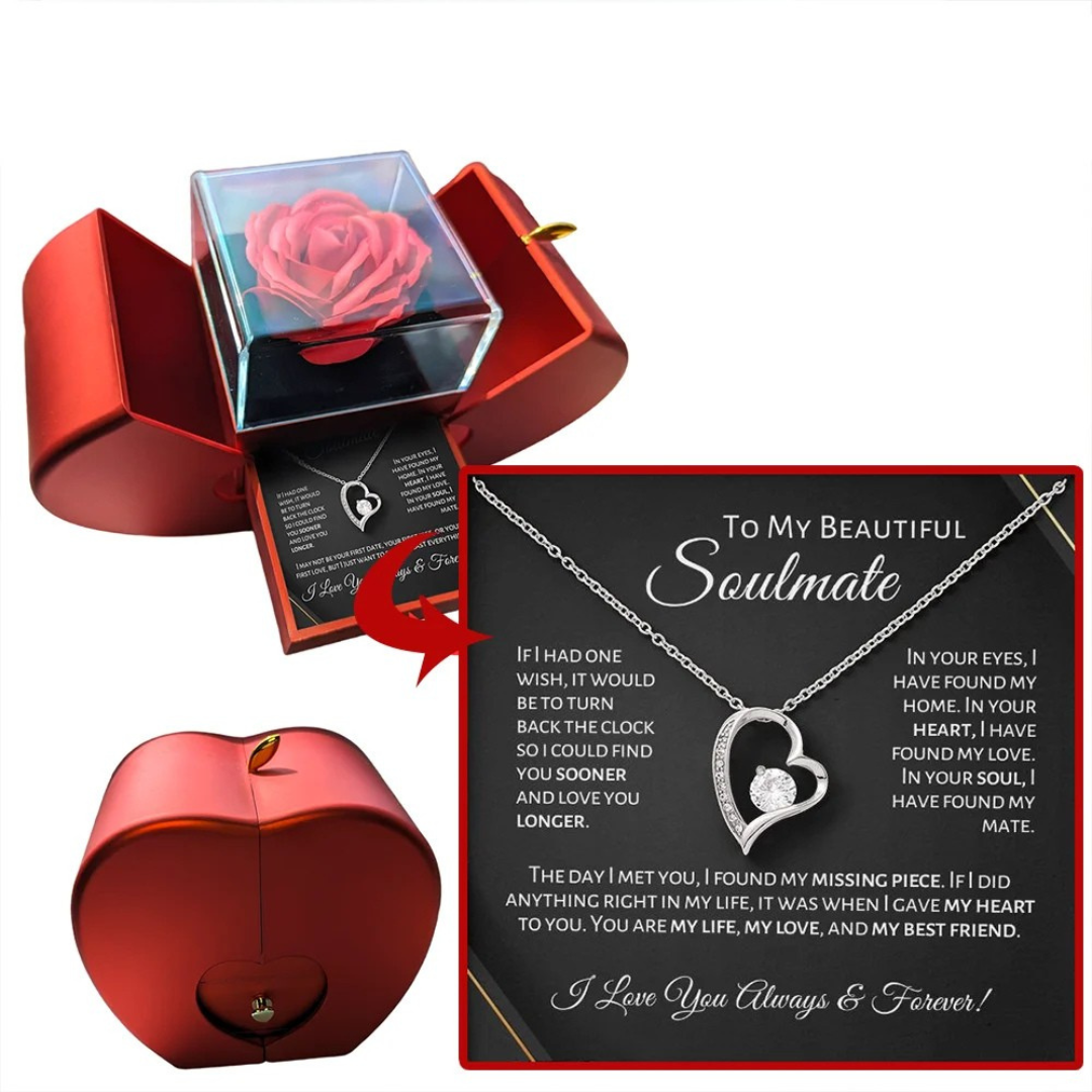 Soulmate - Eternal Rose Heart-Shaped Gift Box with Personal Card & Necklace