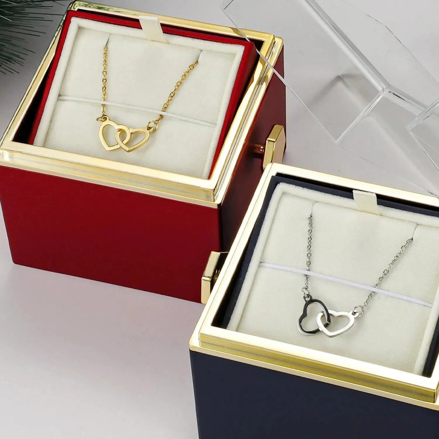 Custom Interlocking Hearts Necklace tucked in Eternal Rose Gift Box - Radiant Memories