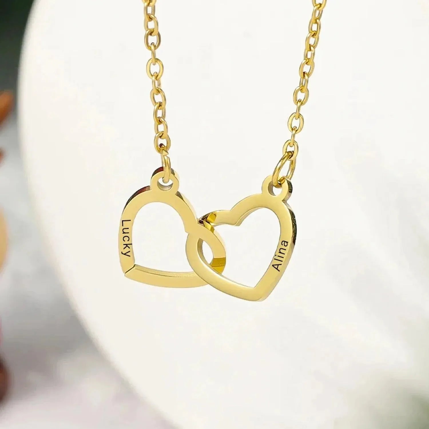 Custom Interlocking Hearts Necklace tucked in Eternal Rose Gift Box - Radiant Memories