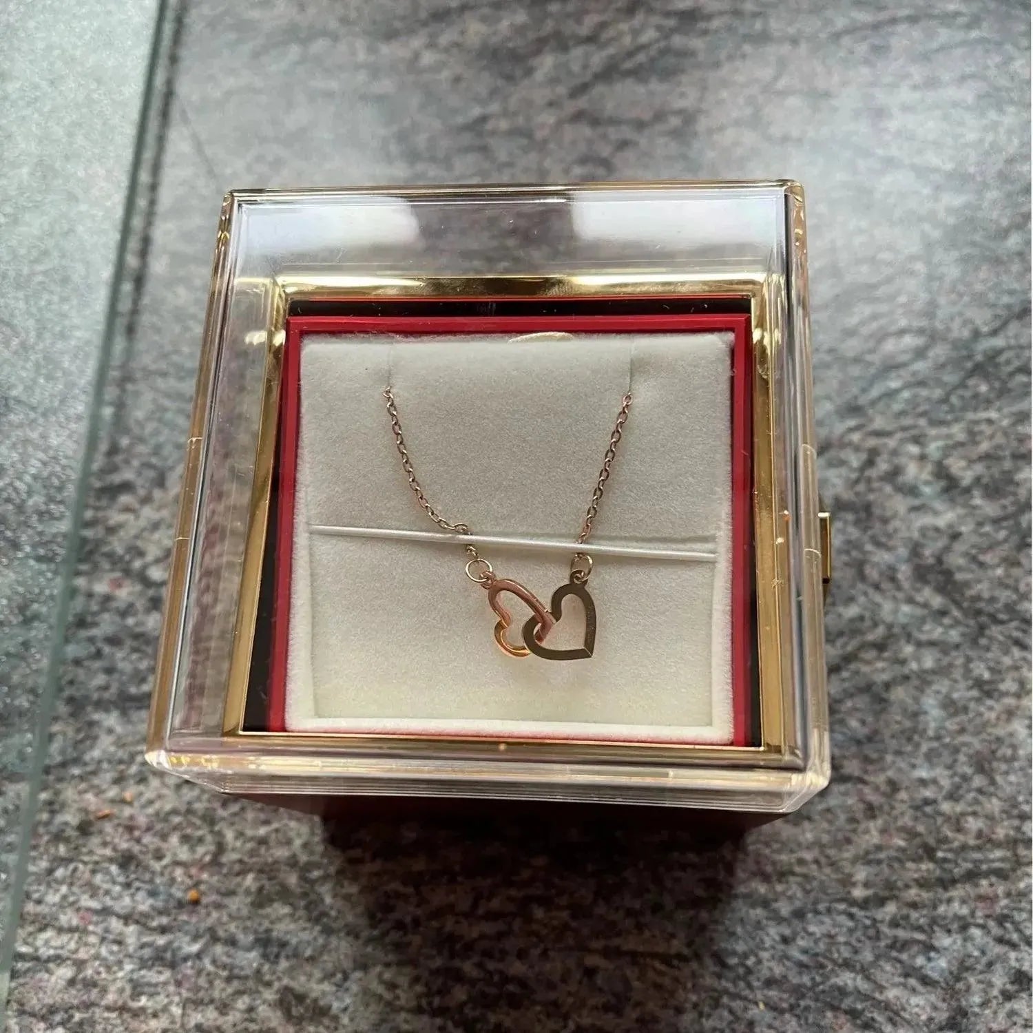 Custom Interlocking Hearts Necklace tucked in Eternal Rose Gift Box - Radiant Memories