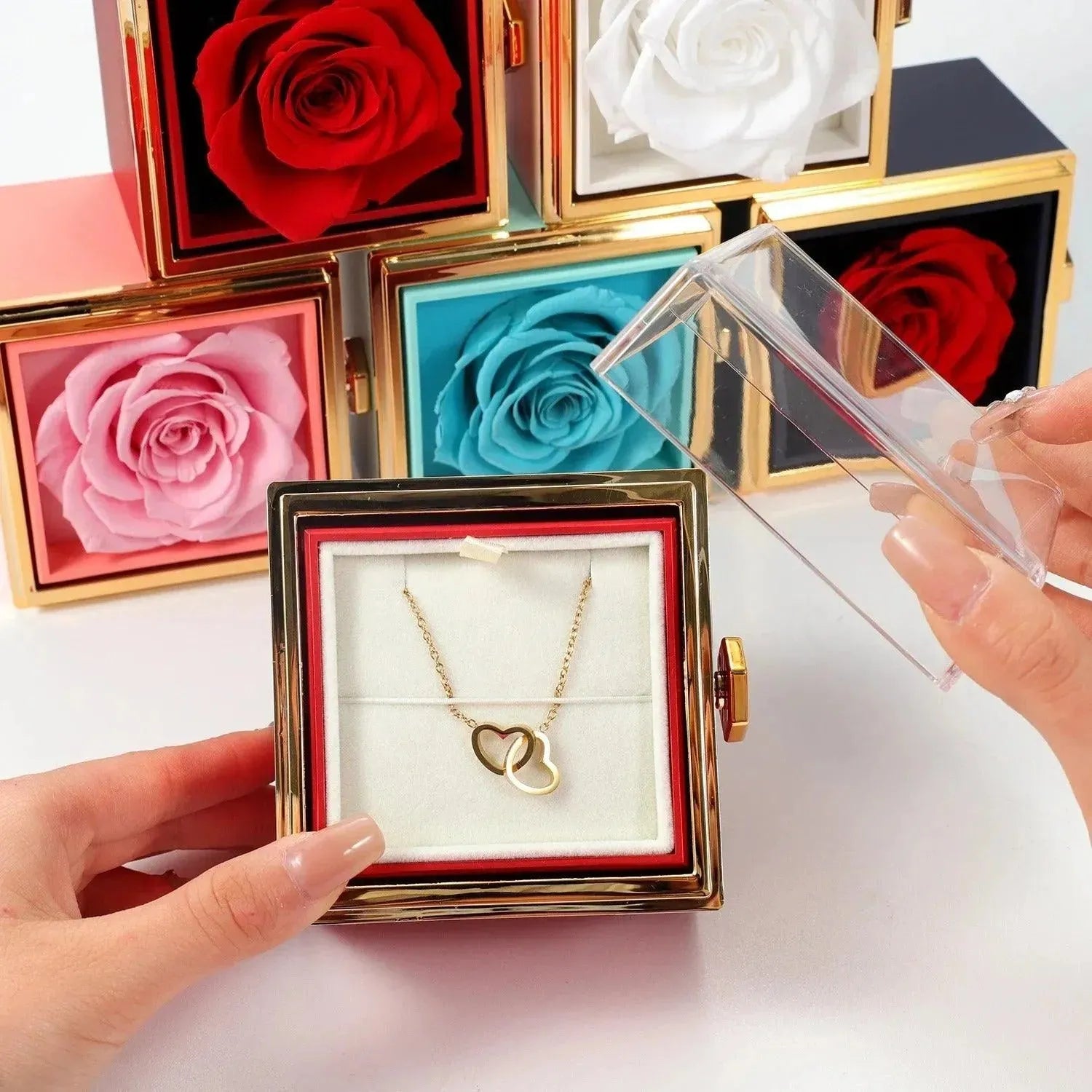 Custom Interlocking Hearts Necklace tucked in Eternal Rose Gift Box - Radiant Memories