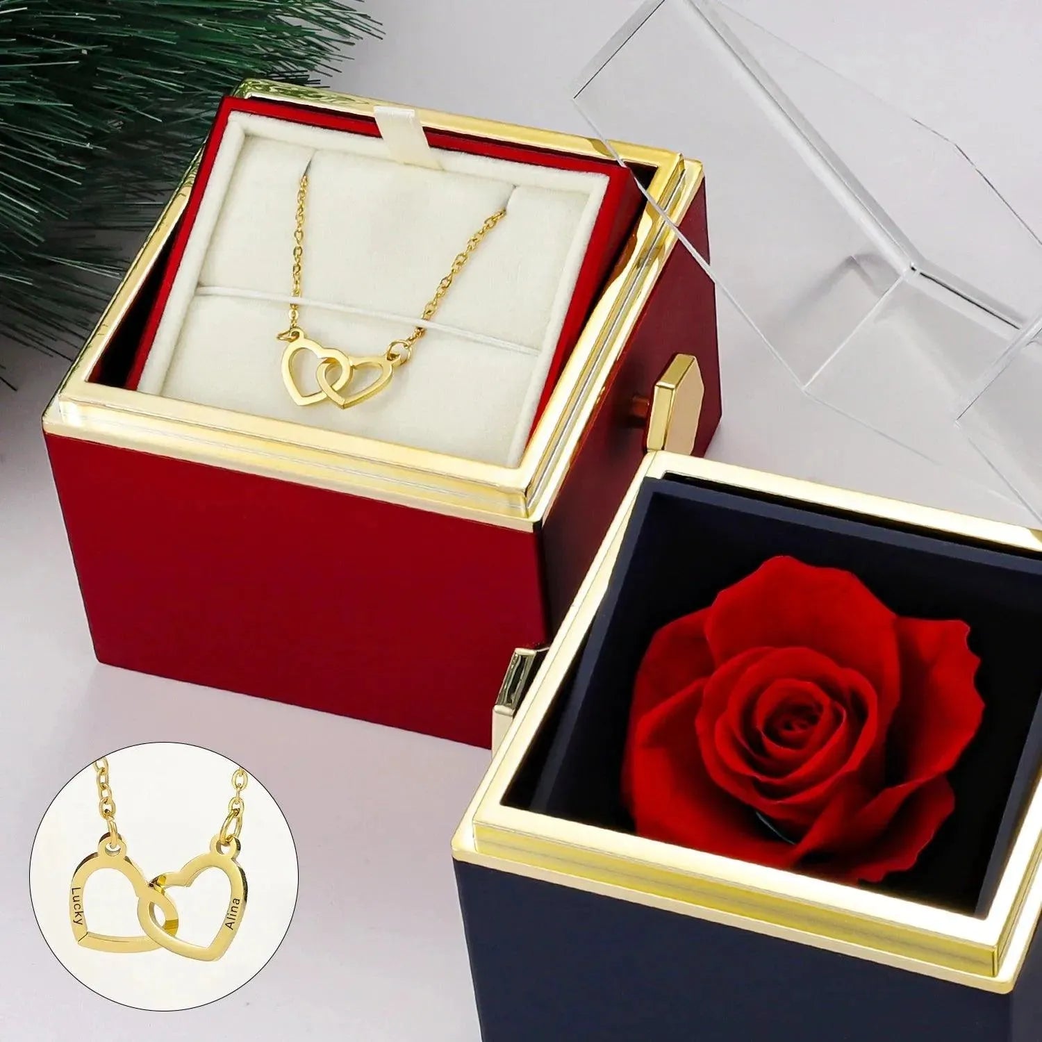 Custom Interlocking Hearts Necklace tucked in Eternal Rose Gift Box - Radiant Memories