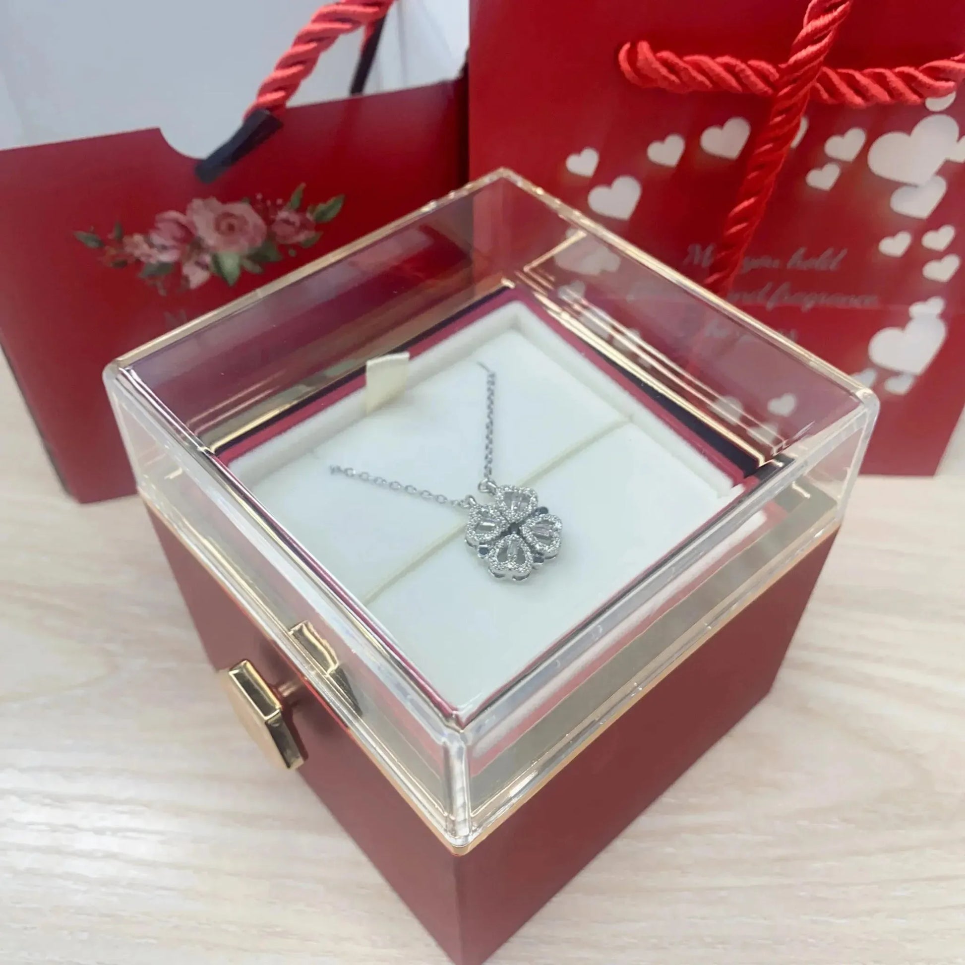Four Leaf Clover Love Necklace, comes w/Eternal Rose Gift Box - Radiant Memories