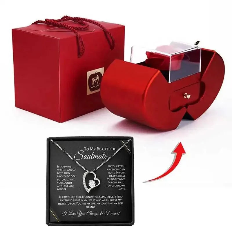 Soulmate - Eternal Rose Heart - Shaped Gift Box with Personal Card & Necklace - Radiant Memories